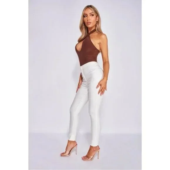 Brown Sleeveless Halter Neck Open Back Backless Bodycon Bodysuit Leotard Top - Picture 5 of 16